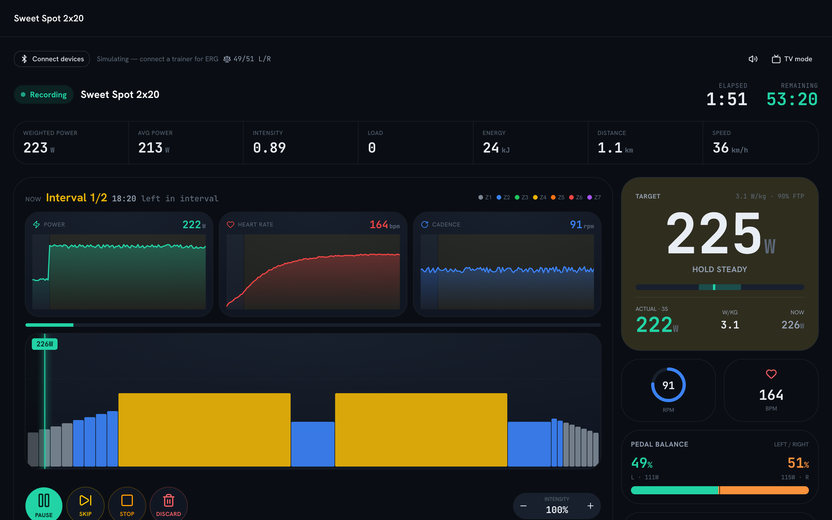 WattWise ride player — live power, heart rate, cadence and L/R balance