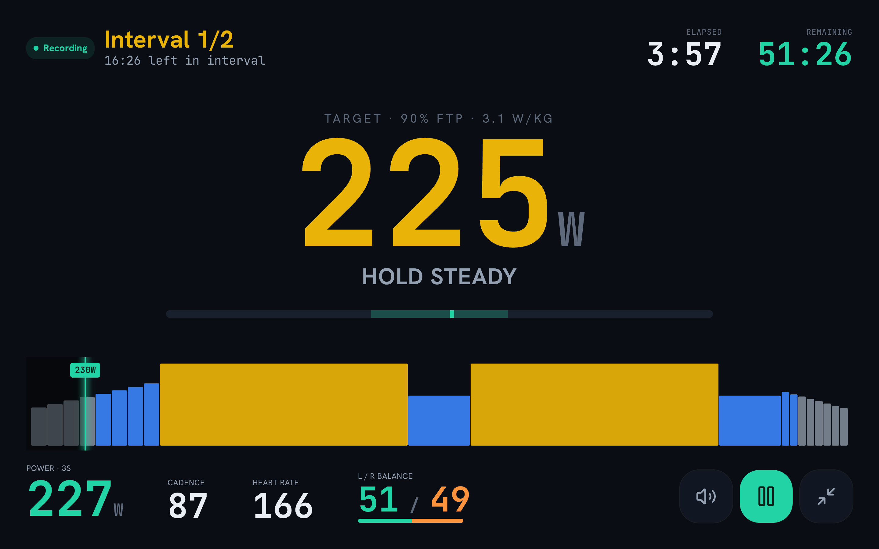 WattWise TV mode — a giant 225W target with live power, cadence, heart rate and L/R balance